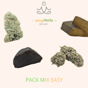 Page sur ton orange avec dessus deux résines de CBD noir et marron clair, ainsi que deux fleurs de CBD. Un pack CBD mix